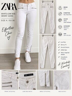 Zara NEW White Low Rise Skinny Jeans Ankle Zip Size 4